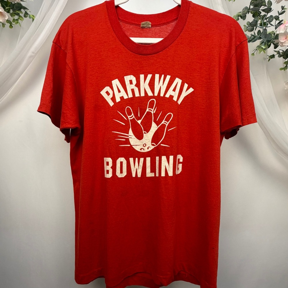 Vintage Screen Stars Parkway Bowling T-Shirt Red Patches Kids Large 80s USA